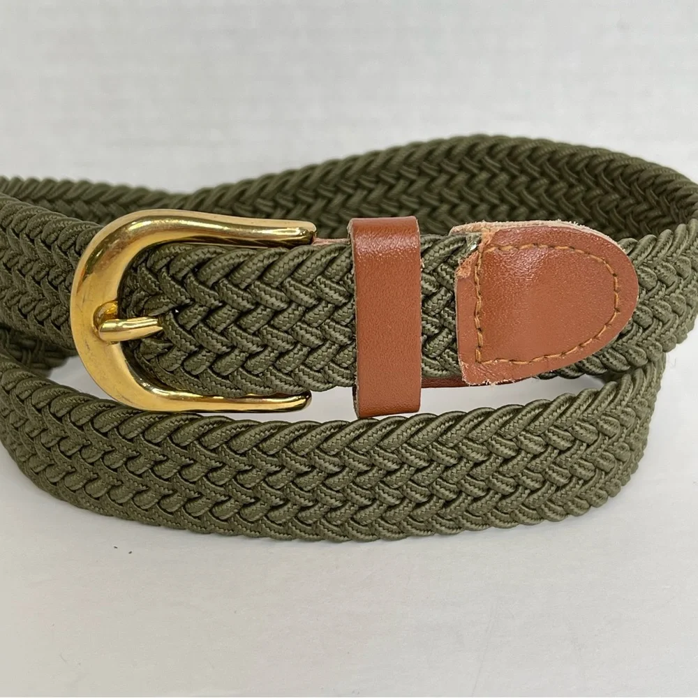 Army Green Stretchy Woven Youth Belt Brown Trim Brass Buckle Big Boy 28-30